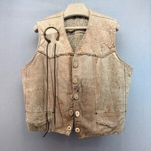 VTG Handmade Shearling Vest XXL Sheepskin Suede Antler Buttons Brass Pin 70s